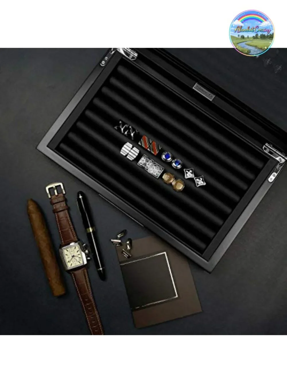 Wooden Cufflink Box Organizer with Glass Window - Holds 36-46 Pairs, Faux